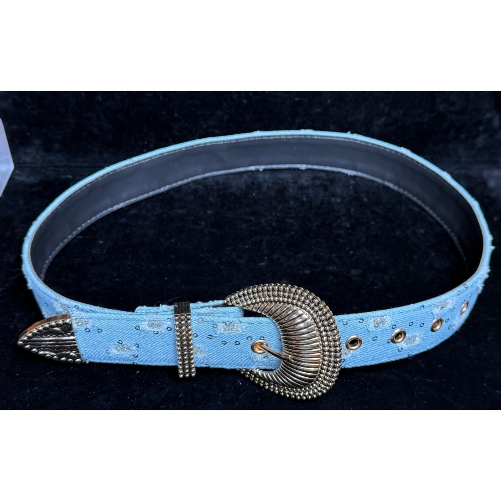 Western Denim Sequin Belt-Light Wash, Blue Gold Ornate Buckle Distressed 36 Inch